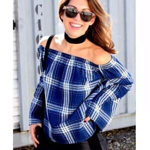 Cloth & Stone Blue Plaid Off The Shoulder Blouse Size Small